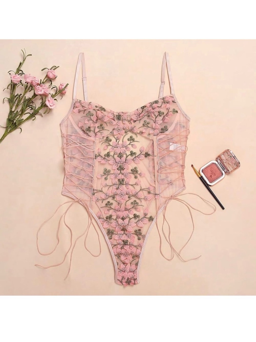 Sheer Floral Embroidered Lace Bodysuit Pink White Nude Mesh Tie Side Teddy XXL